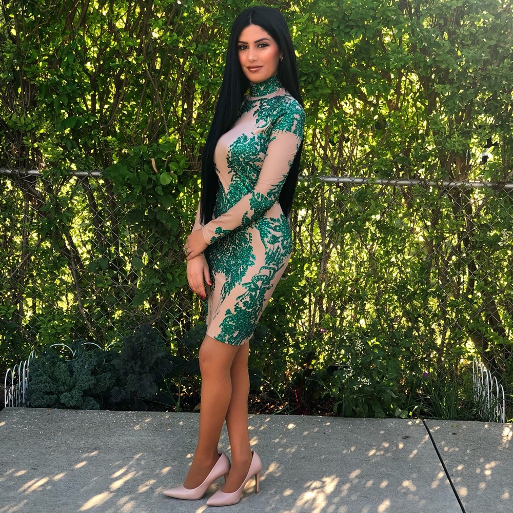 Emerald green and nude dress